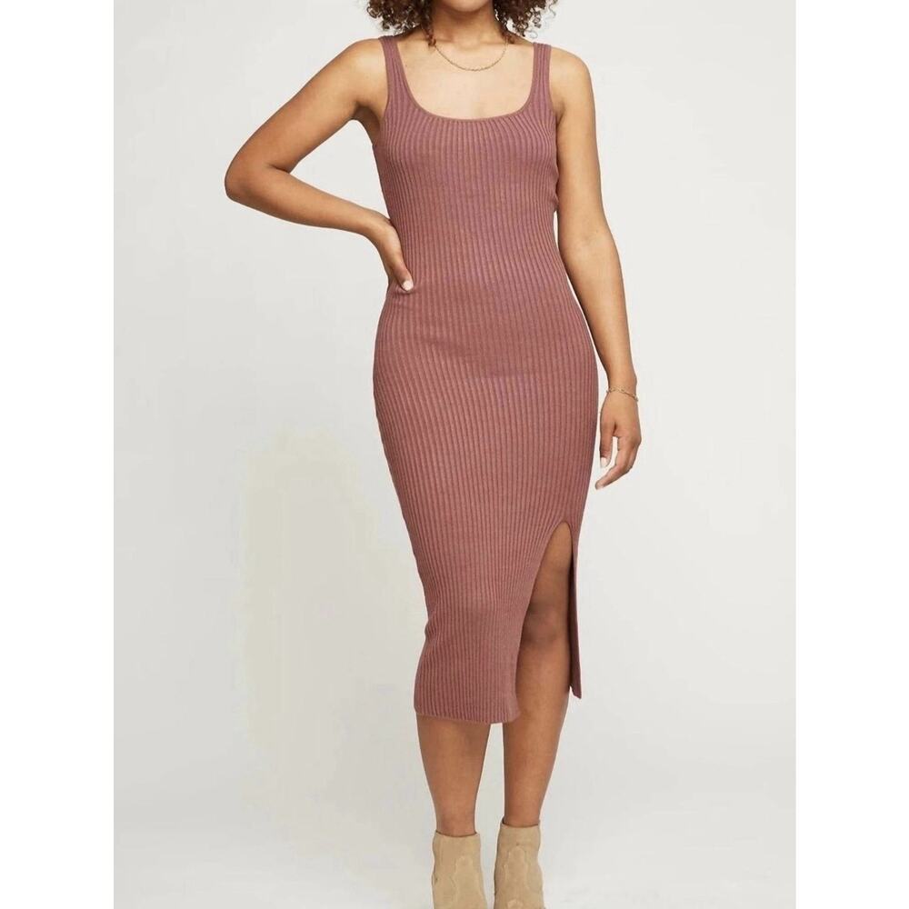 Gentle Fawn Sz L Felicity Rosette Midi Ribbed Knit Stretchy Front Slit Bodycon